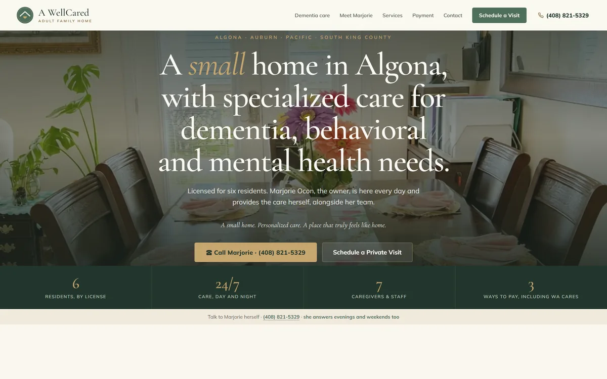 The A WellCared Adult Family Home website homepage