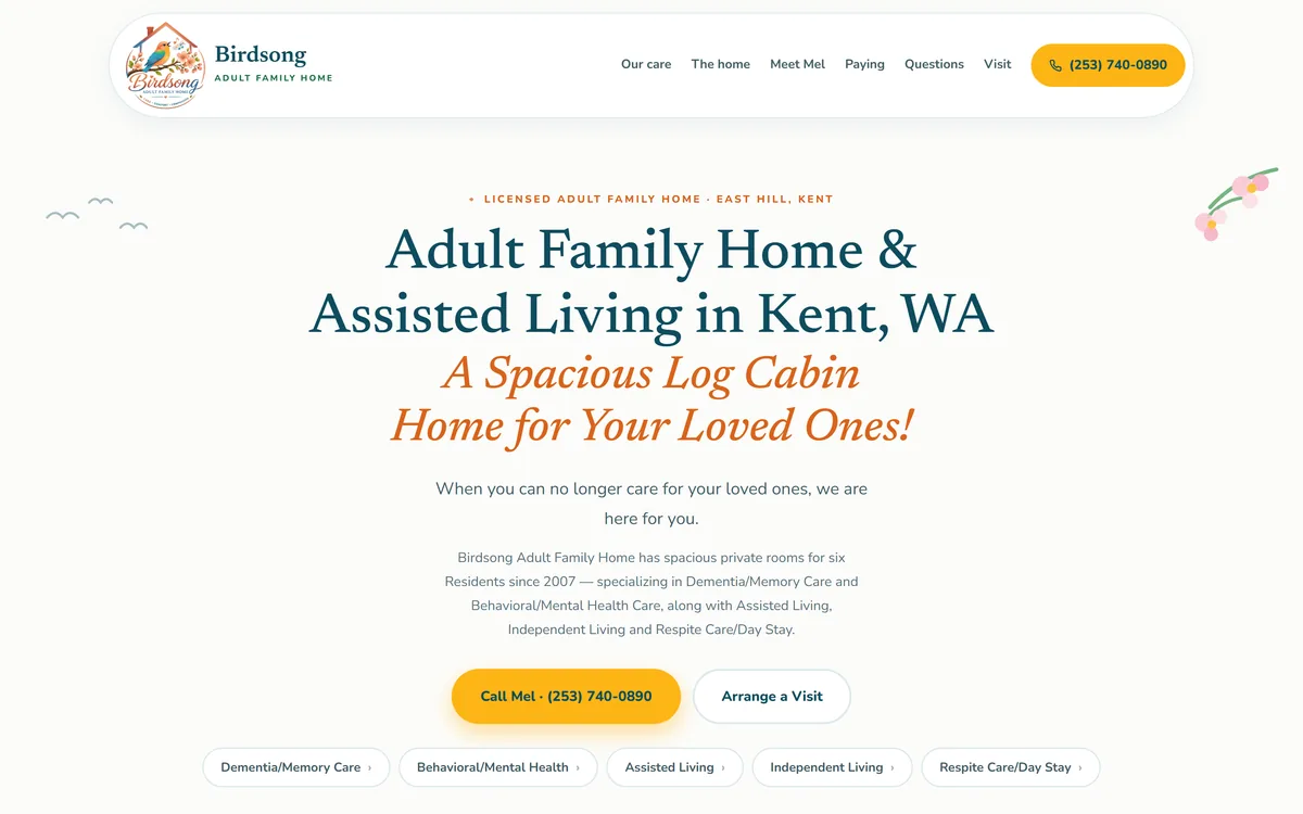 The Birdsong Adult Family Home website homepage