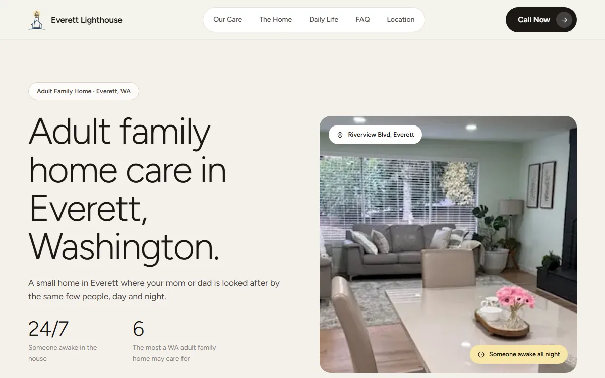 The Everett Lighthouse Adult Family Home website homepage