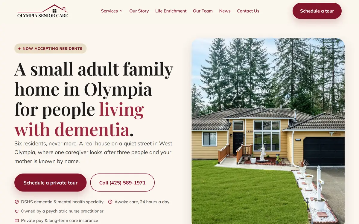 The Olympia Senior Care Adult Family Home website homepage
