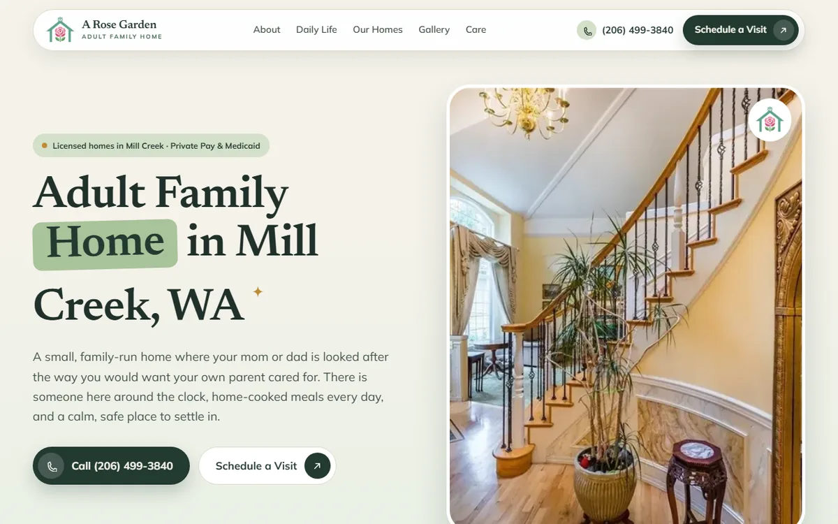 The A Rose Garden Adult Family Home website homepage